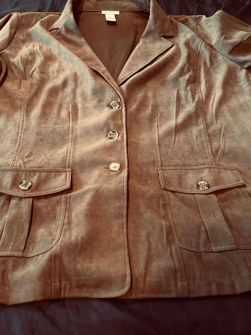 JACKET, DARK BROWN, SIZE 3X, 2 FRONT POCKETS, BUTTON FRONT, LONG SLEEVES, NOTCHE